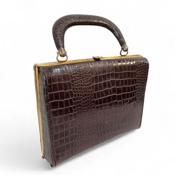 Vtg 50's Womens Handbag Faux Crocodile Embossed Satchel Gold Clasp Top Handle - Picture 1 of 12